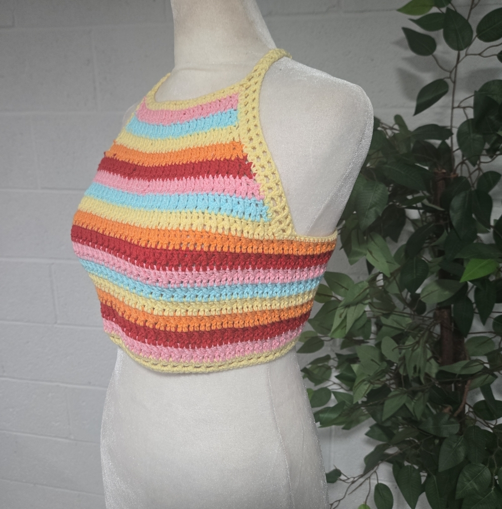 VTG 90s Handmade Crochet Knit Rainbow Corset Cropped Top Boho Whimsical Medium
